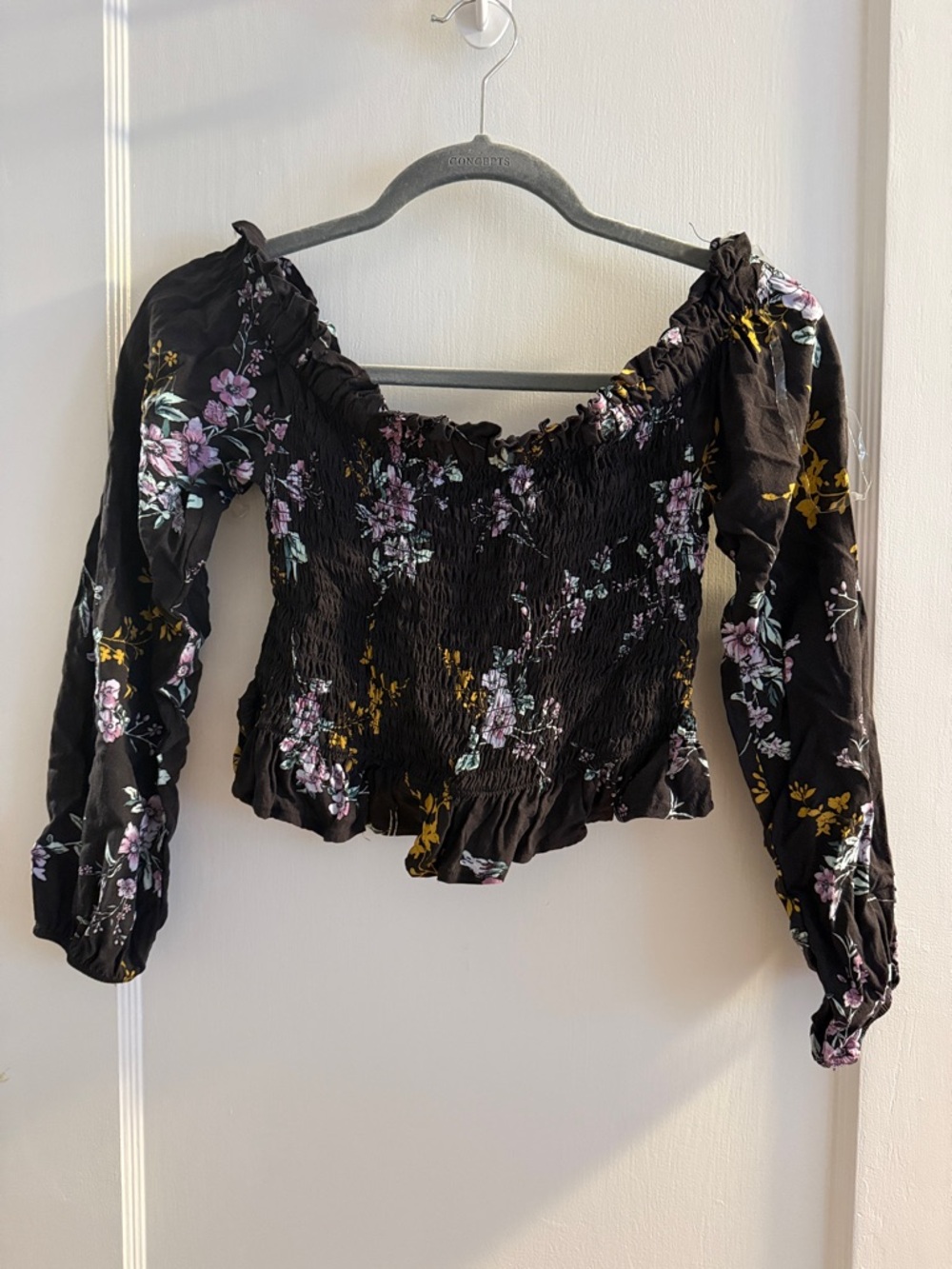 Black Floral Smocked Off-Shoulder Top